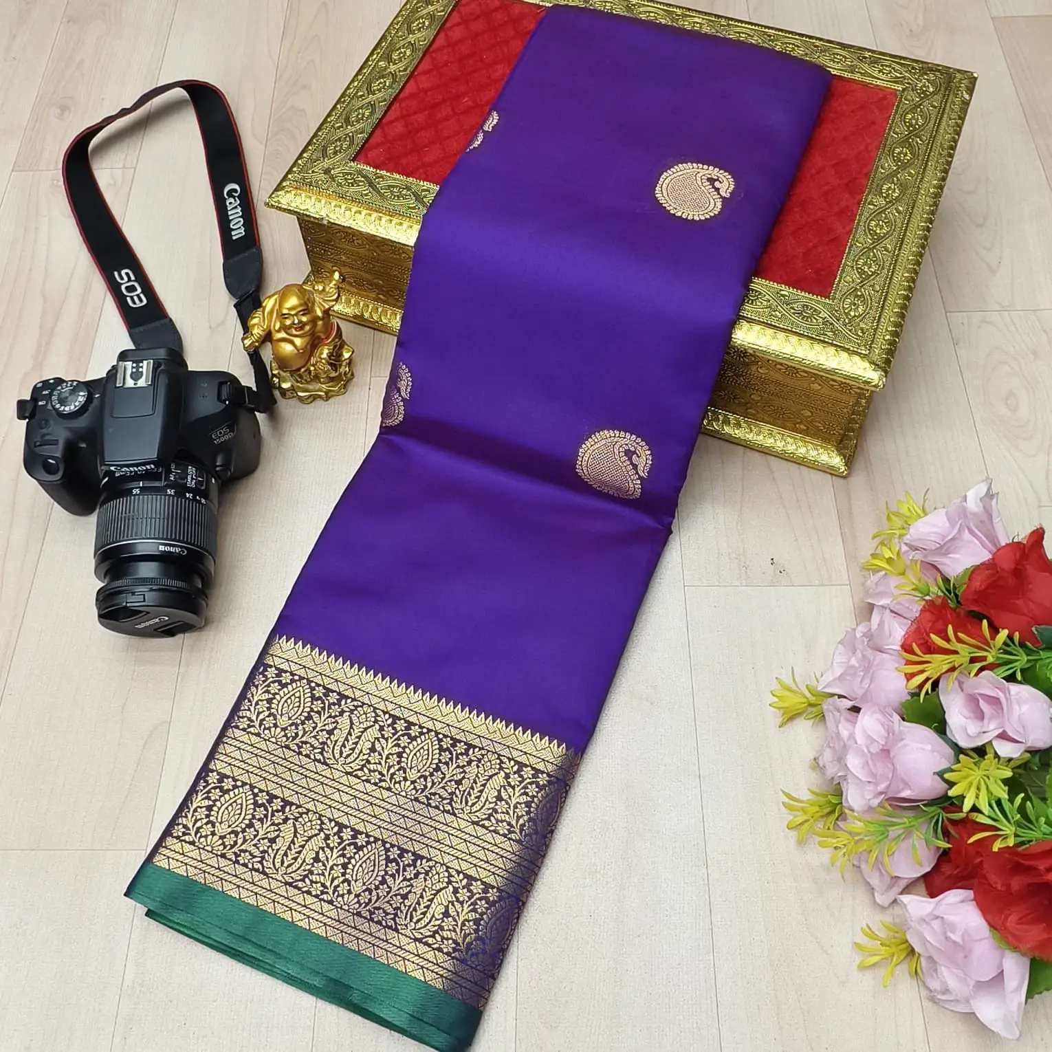 Royal Purple Golden Paisley Butta Fusion Soft Silk Saree